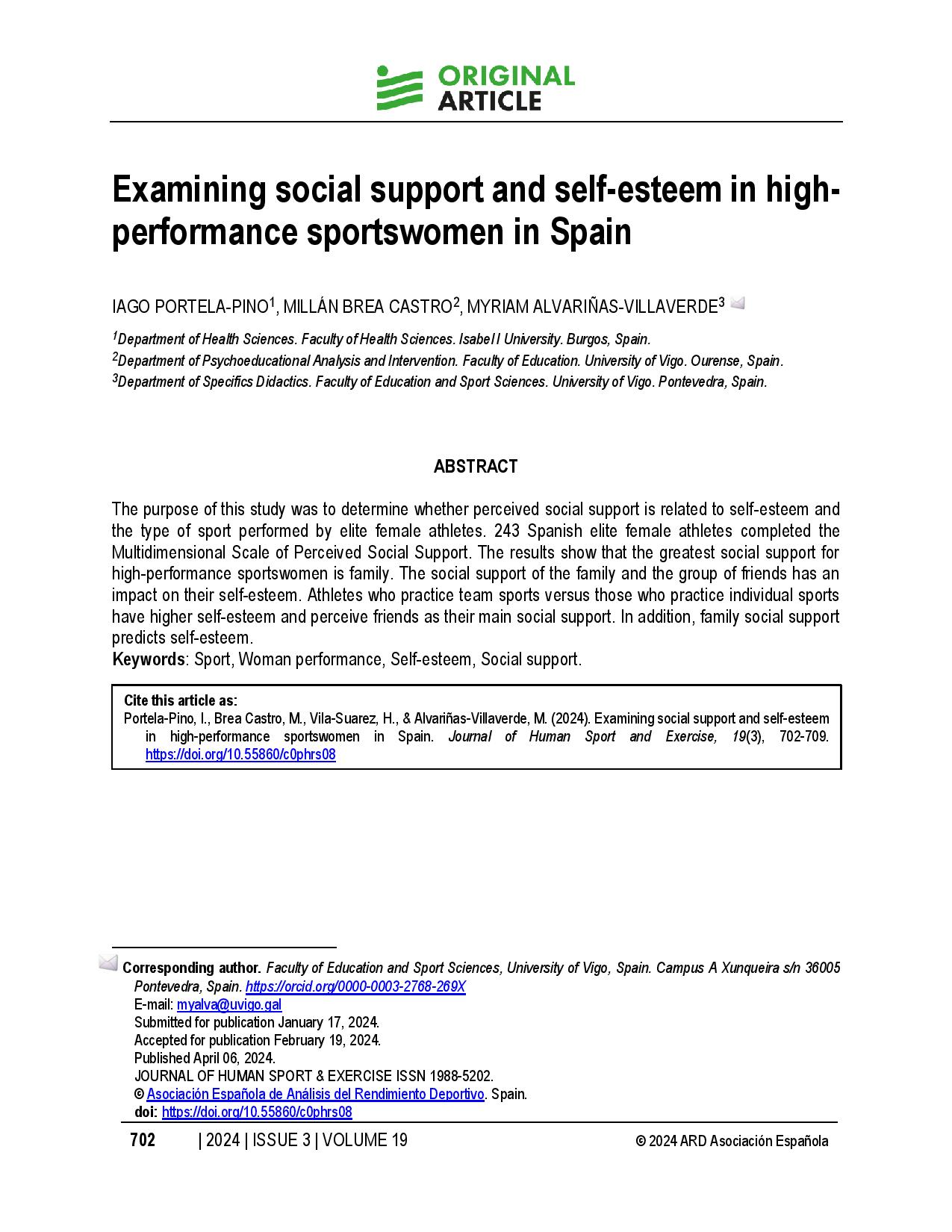 Examining social support and self-esteem in high-performance sportswomen in Spain