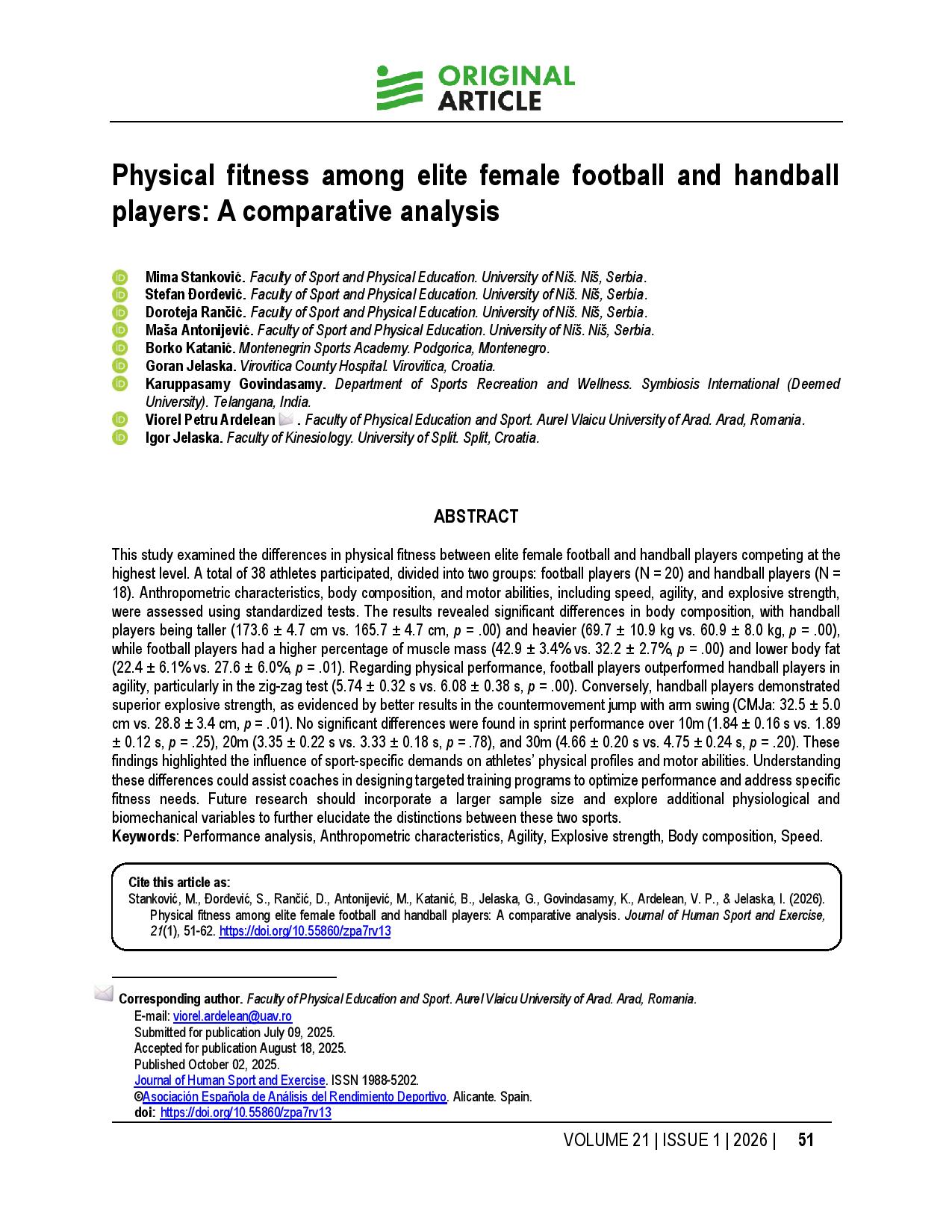 Physical fitness among elite female football and handball players: A comparative analysis