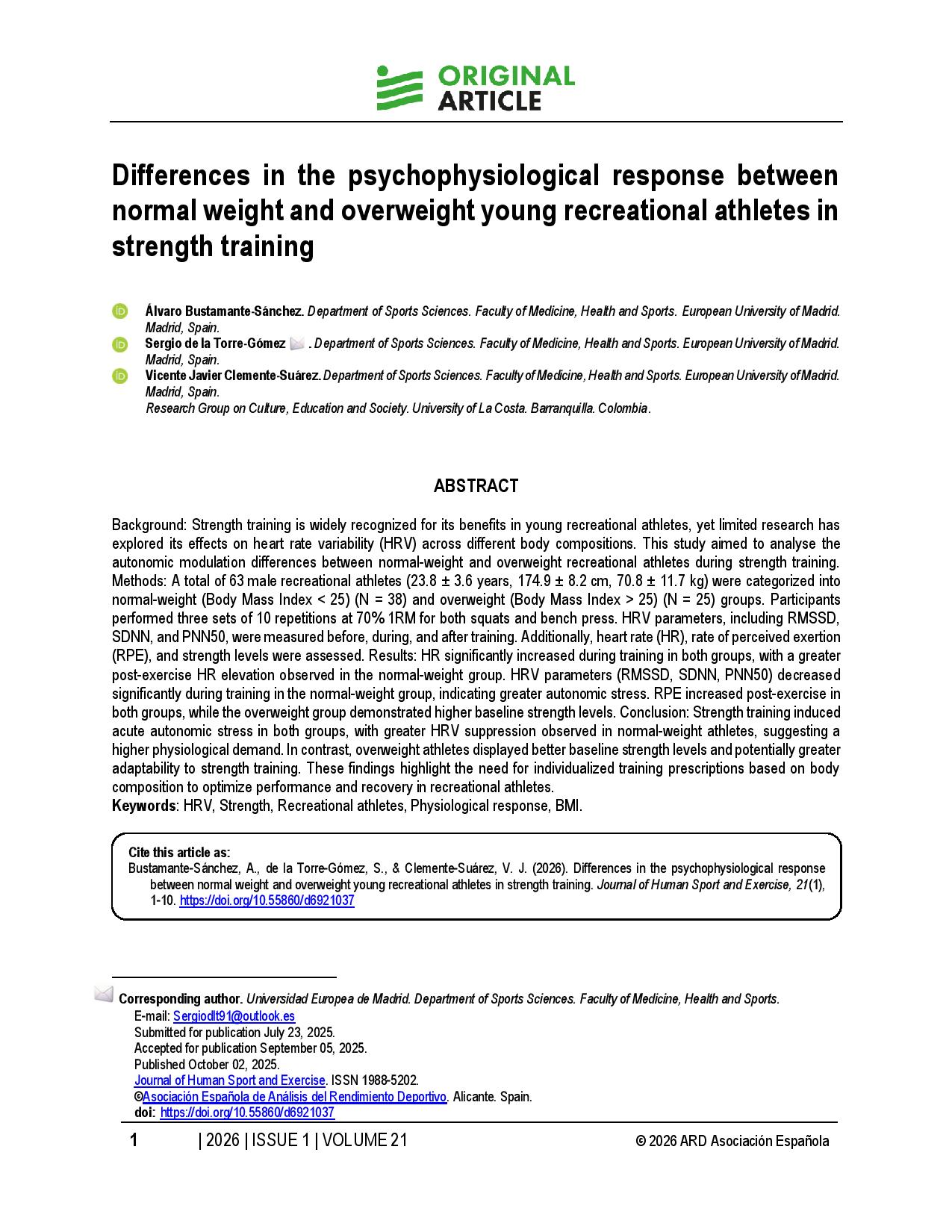 Differences in the psychophysiological response between normal weight and overweight young recreational athletes in strength training