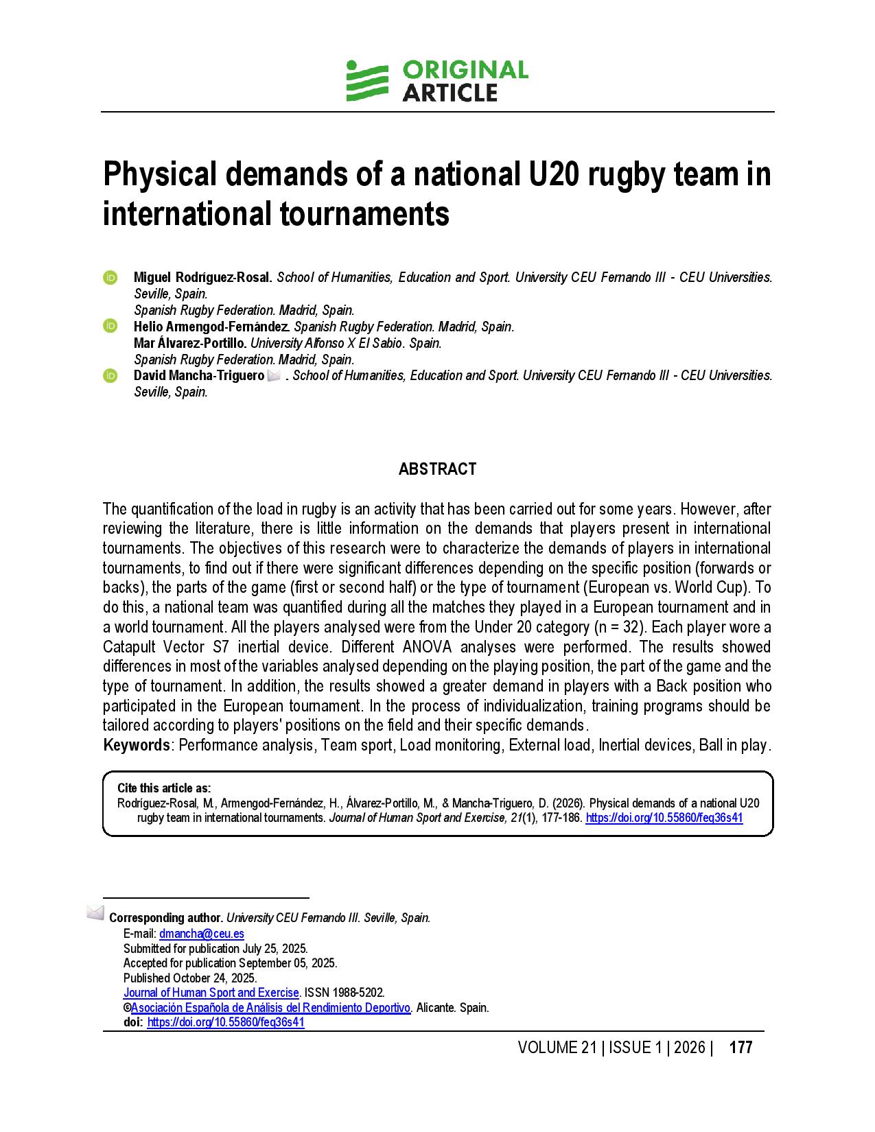Physical demands of a national U20 rugby team in international tournaments