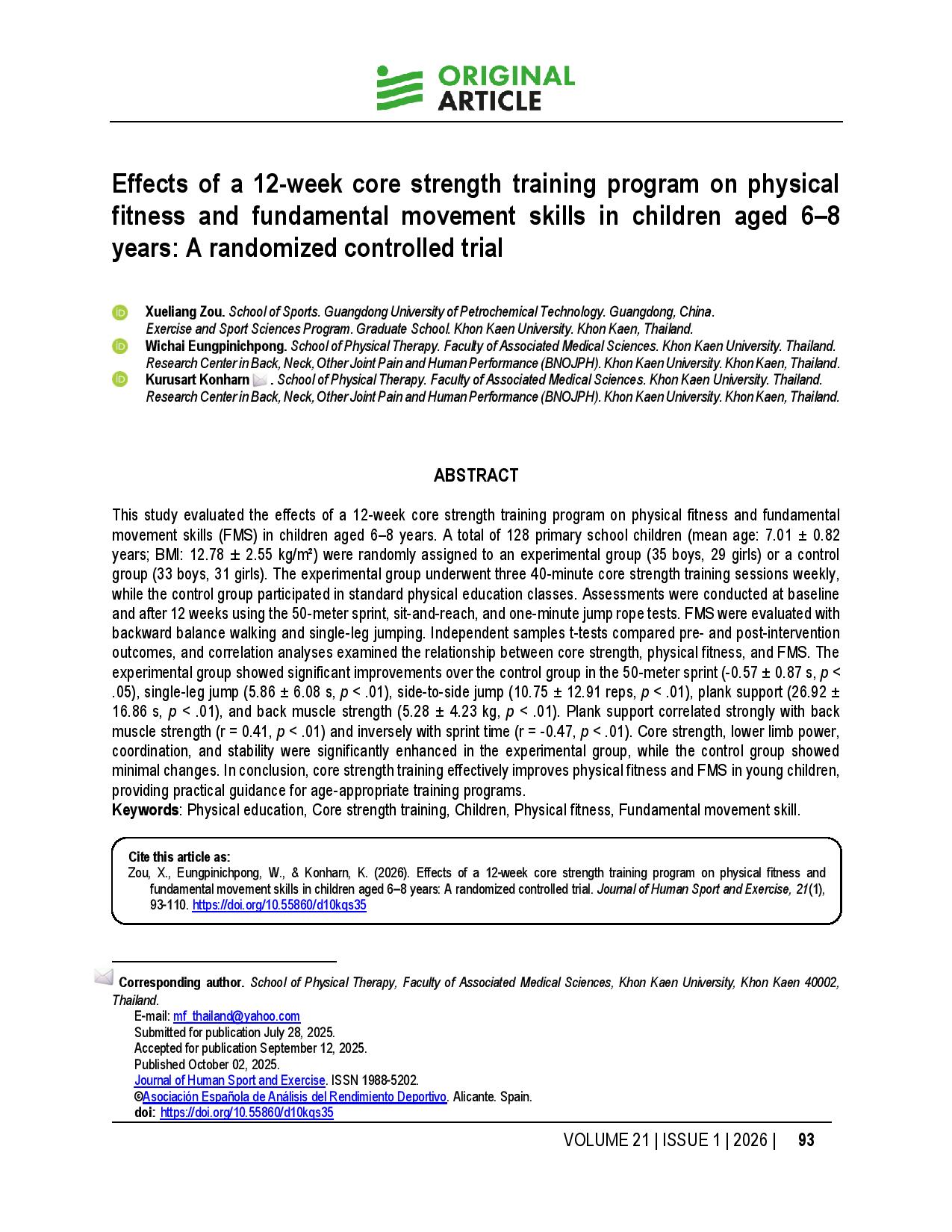 Effects of a 12-week core strength training program on physical fitness and fundamental movement skills in children aged 6–8 years: A randomized controlled trial