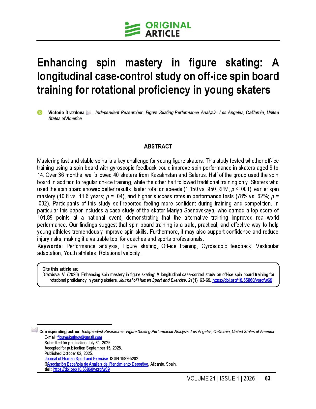 Enhancing spin mastery in figure skating: A longitudinal case-control study on off-ice spin board training for rotational proficiency in young skaters