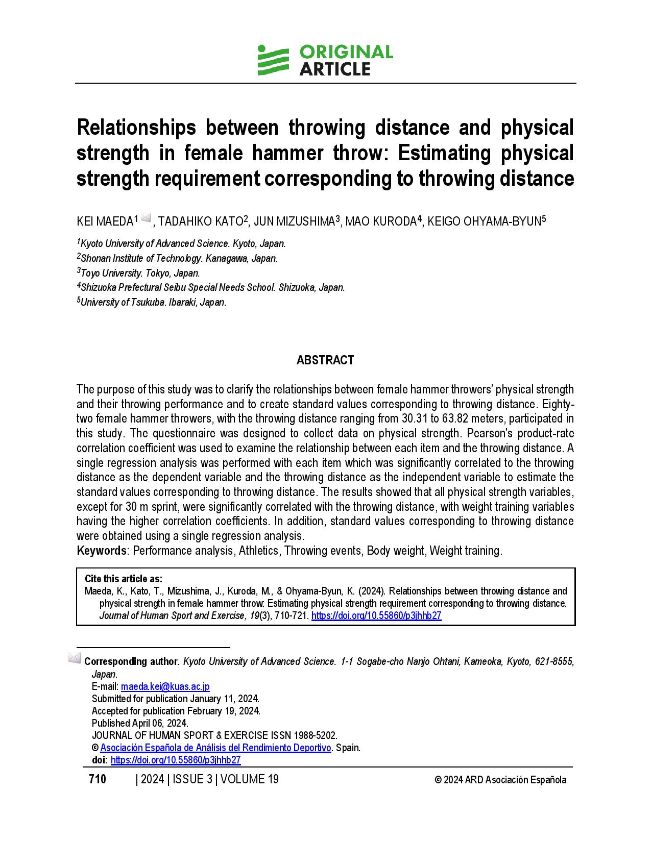 Relationships between throwing distance and physical strength in female hammer throw: Estimating physical strength requirement corresponding to throwing distance