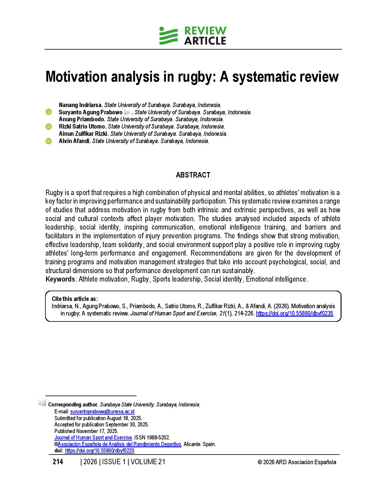 Motivation analysis in rugby: A systematic review