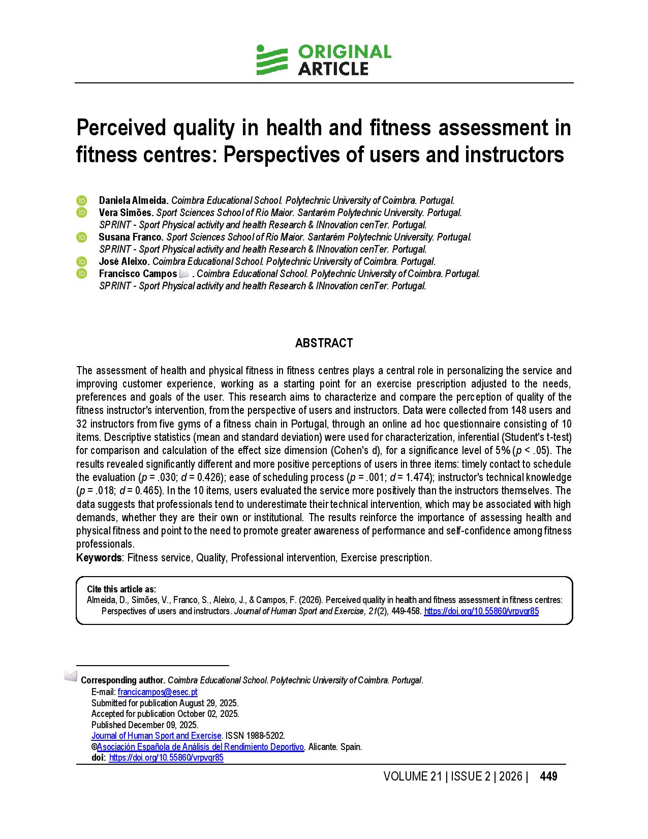 Perceived quality in health and fitness assessment in fitness centres: Perspectives of users and instructors