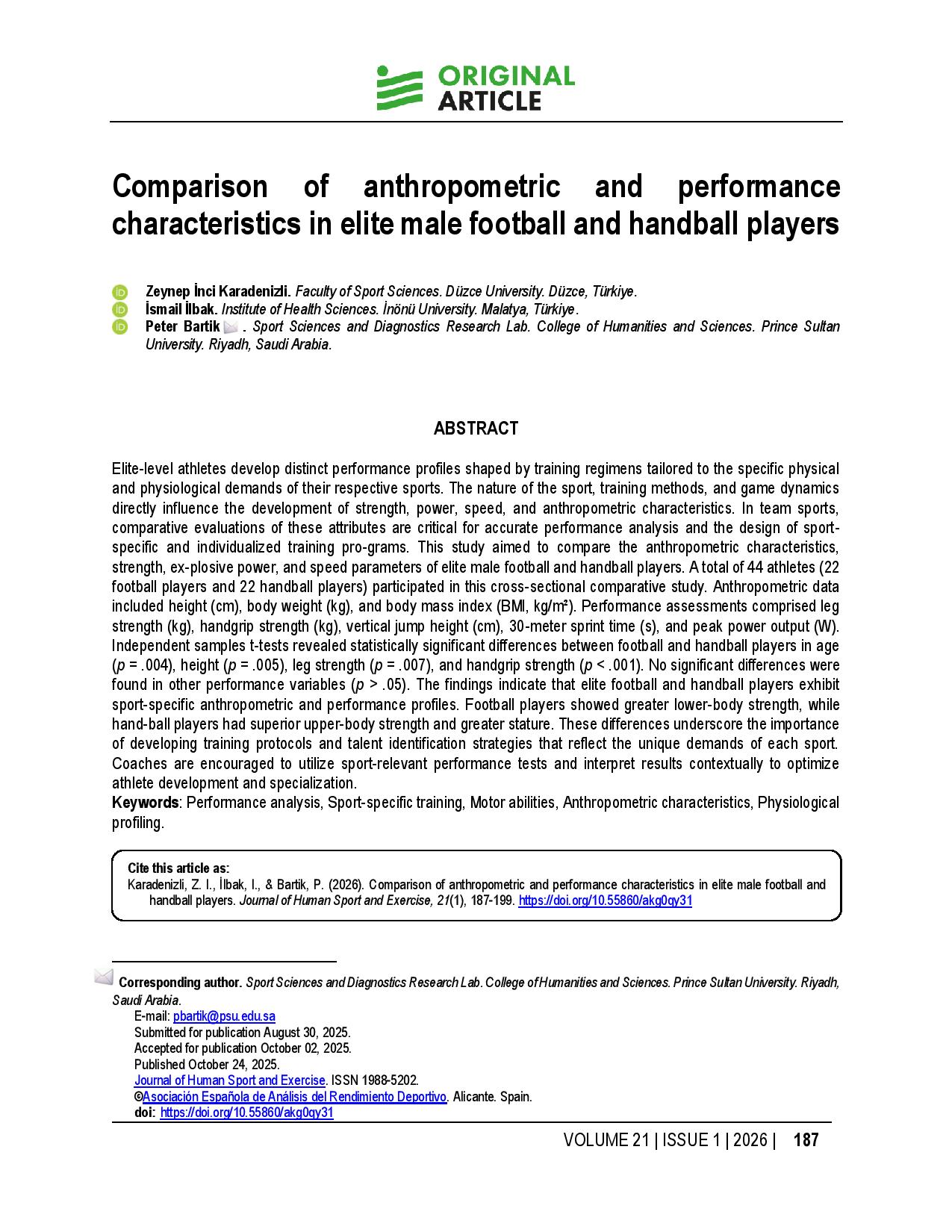 Comparison of anthropometric and performance characteristics in elite male football and handball players