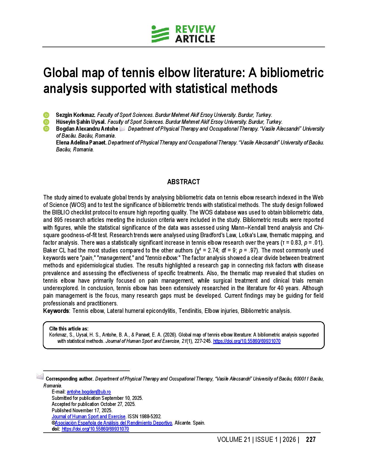 Global map of tennis elbow literature: A bibliometric analysis supported with statistical methods