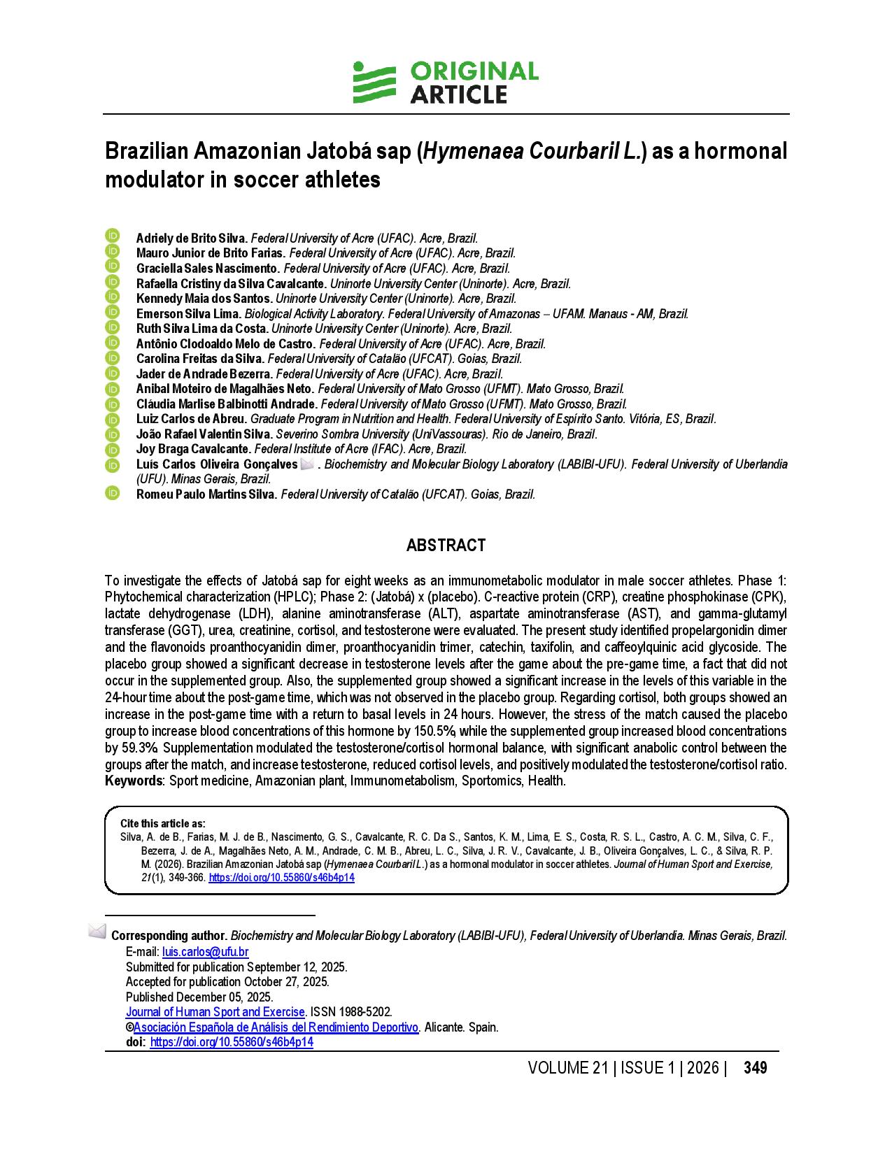 Brazilian Amazonian Jatobá sap (Hymenaea Courbaril L.) as a hormonal modulator in soccer athletes