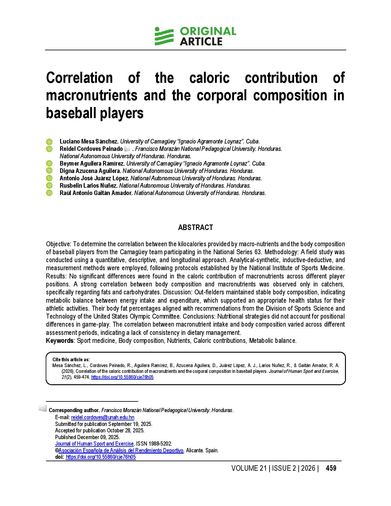 Correlation of the caloric contribution of macronutrients and the corporal composition in baseball players