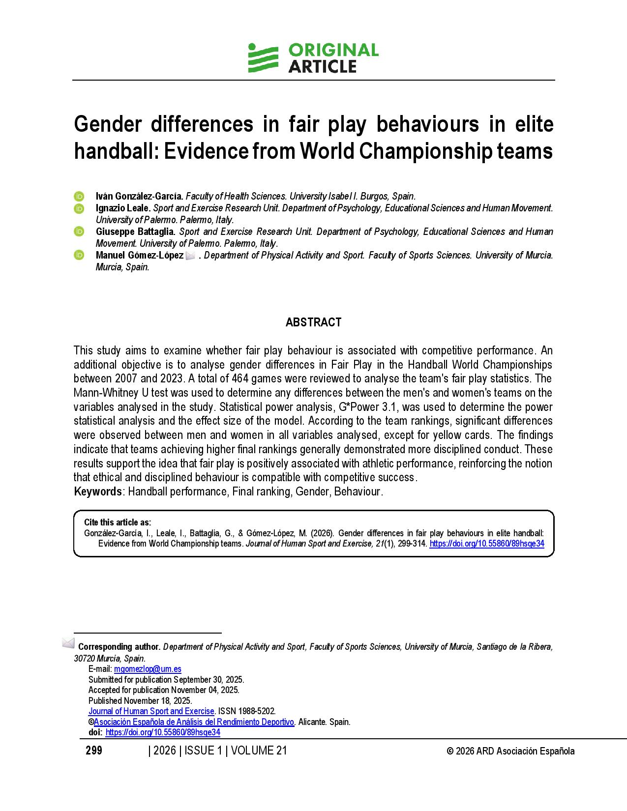 Gender differences in fair play behaviours in elite handball: Evidence from World Championship teams