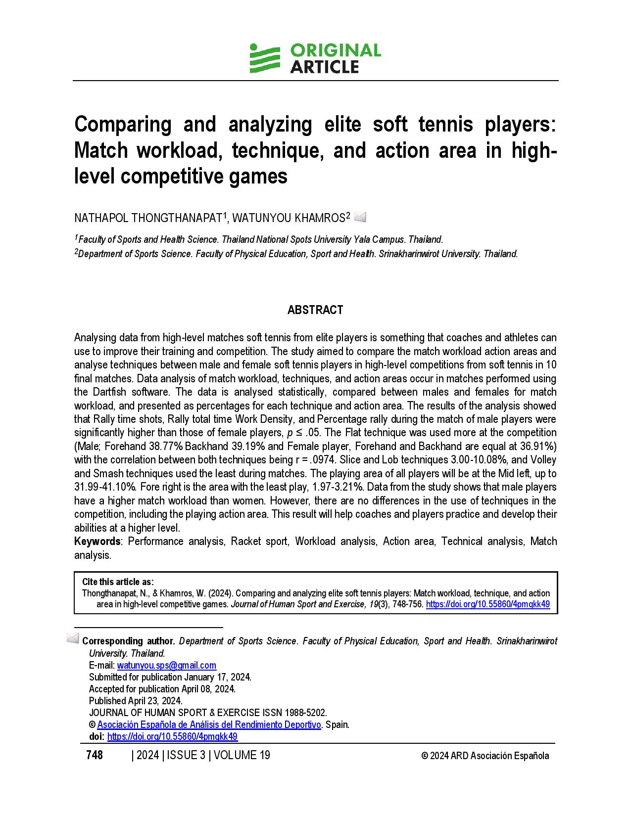 Comparing and analyzing elite soft tennis players: Match workload, technique, and action area in high-level competitive games